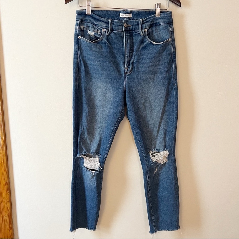 GOOD AMERICAN Good Waist Crop Raw Edge Skinny Jeans In Blue533 Size 10/30